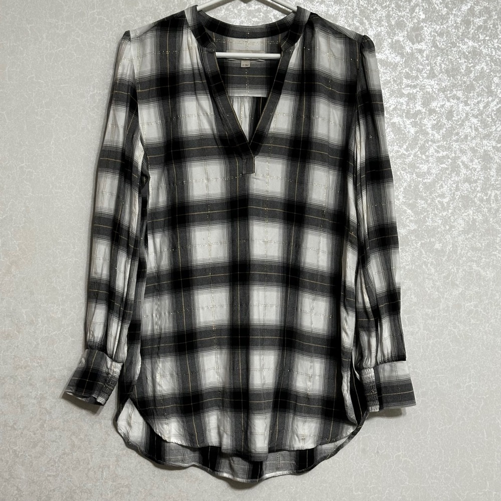 LOFT Plaid Long Sleeve V-neck Tunic Shirt Black White Gold Metallic Sparkle Sz S